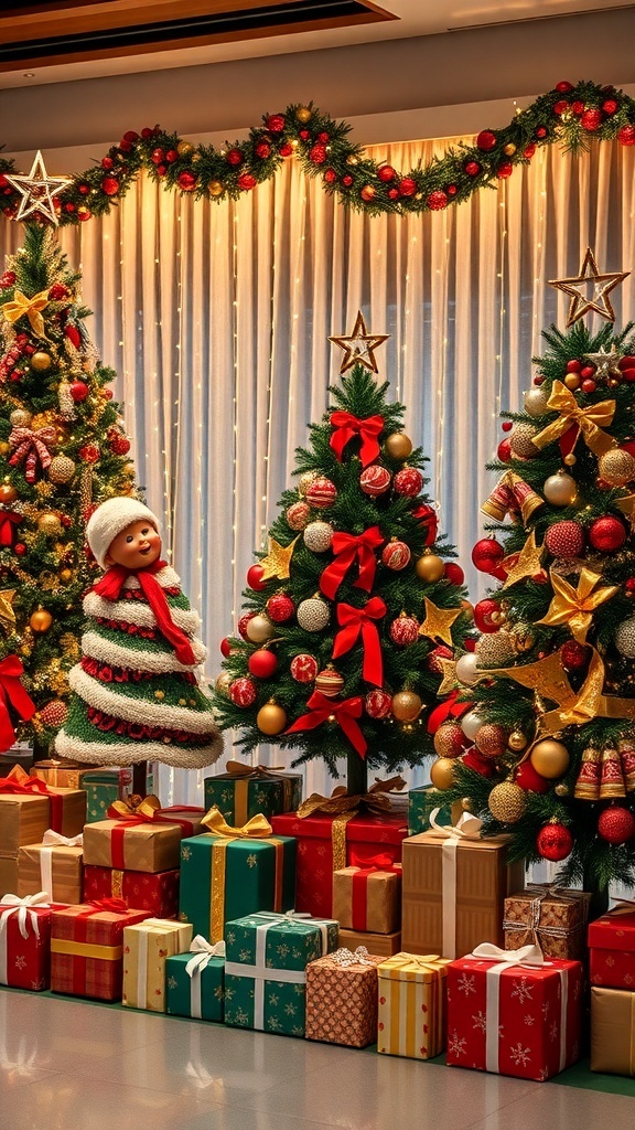 Four decorated Christmas trees with gifts underneath