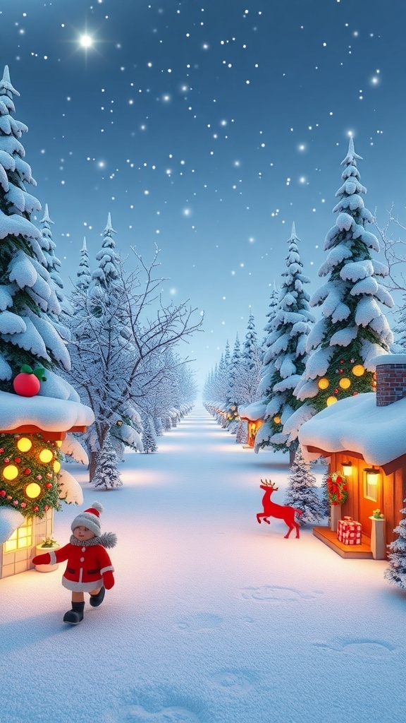 A winter scene in Zepeto with snow-covered trees, cozy cottages, and a character in festive attire.