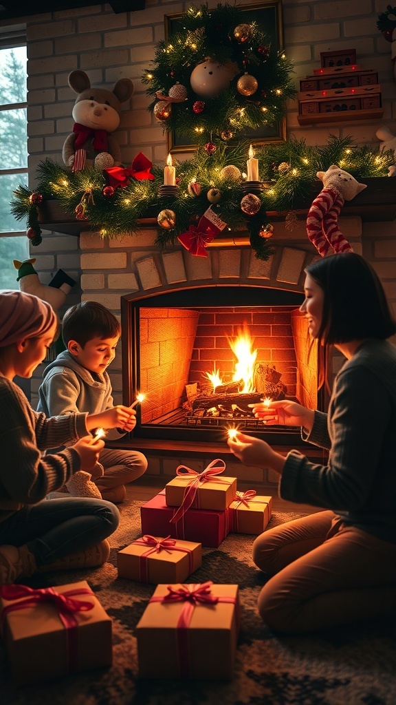 A family celebrating Christmas around a fireplace with wrapped gifts and sparklers.