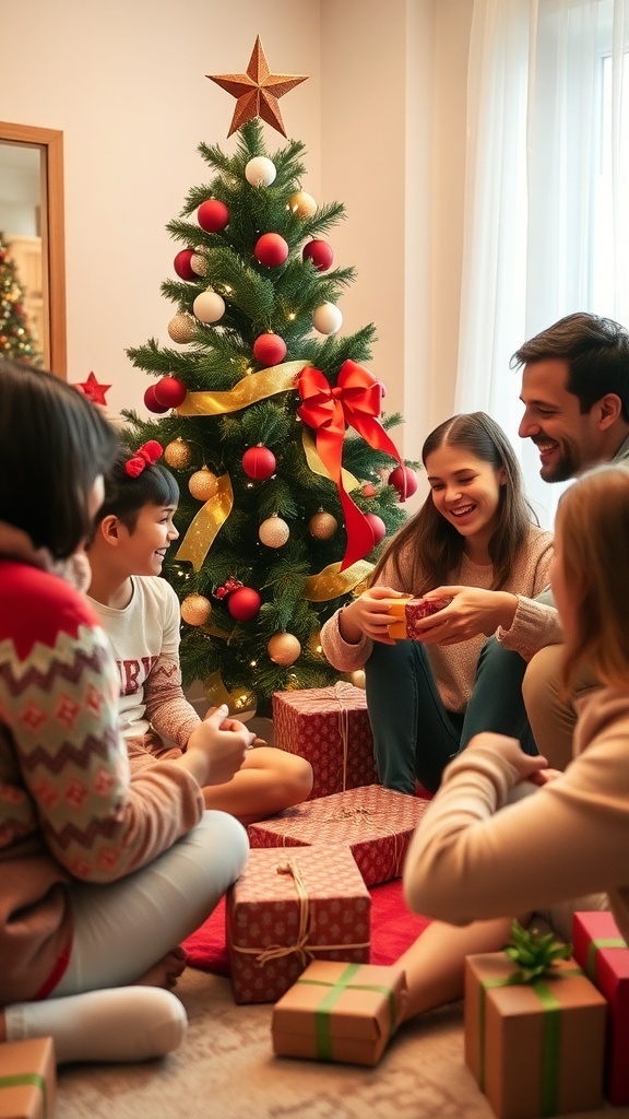 A family gathered around a Christmas tree, smiling and sharing gifts.