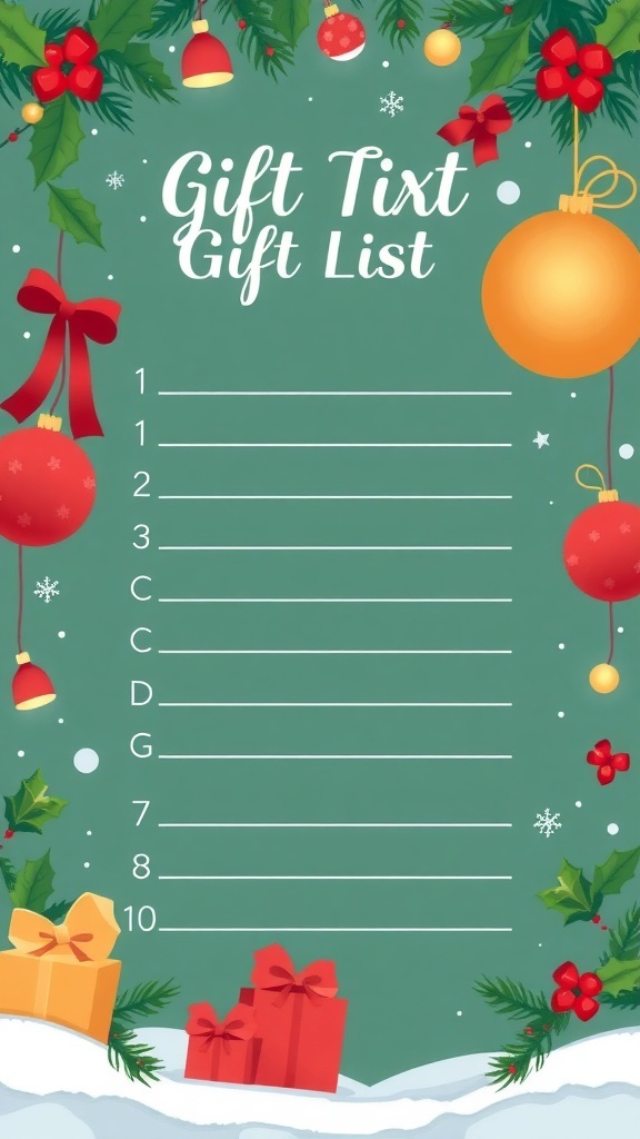 A colorful Christmas gift list template with space for ten gifts, decorated with ornaments and holly.