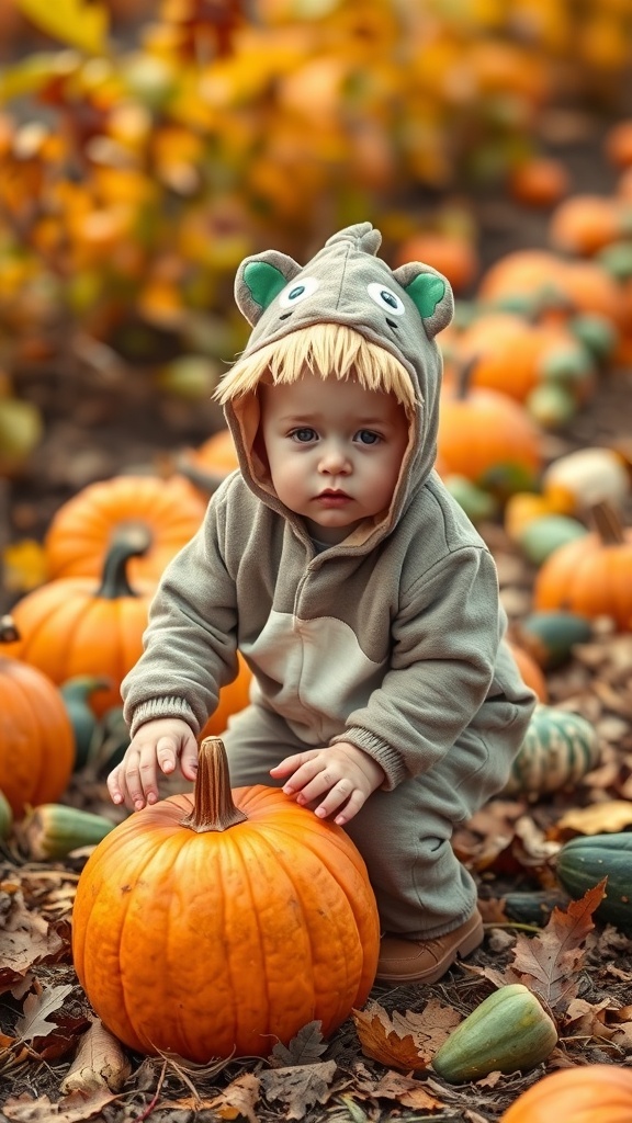 A young child in a cozy animal costume surrounded by pumpkins in a festive autumn setting.