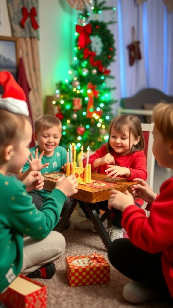 Children playing games at a Christmas-themed birthday party with a decorated tree in the background.