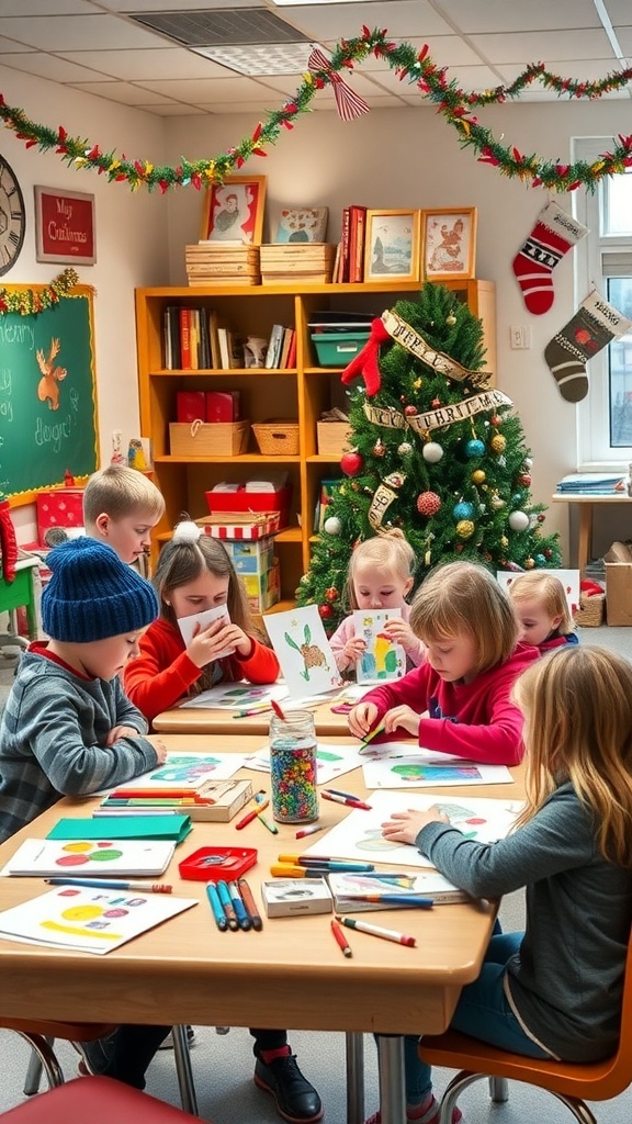 Children making Christmas cards at a table with craft supplies and a decorated Christmas tree in the background.