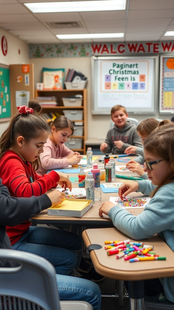 Students in a classroom working on Christmas crafts, focused on their projects with colorful supplies around them.