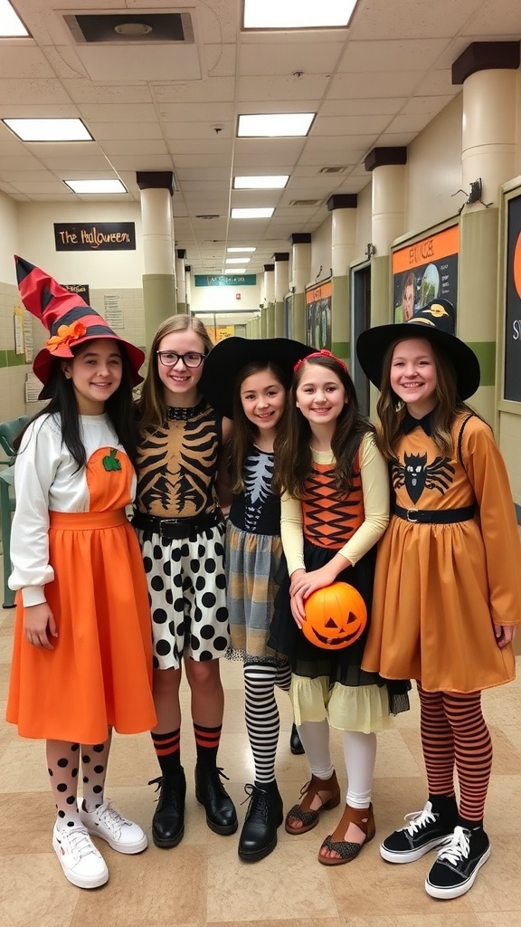 A group of girls in Halloween costumes, including a witch, a pumpkin, and a skeleton, posing together in a school hallway.