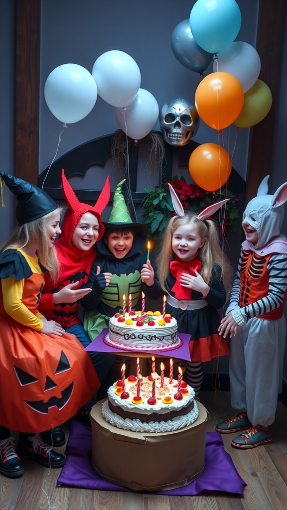 Children in Halloween costumes celebrating a birthday with cakes and decorations.