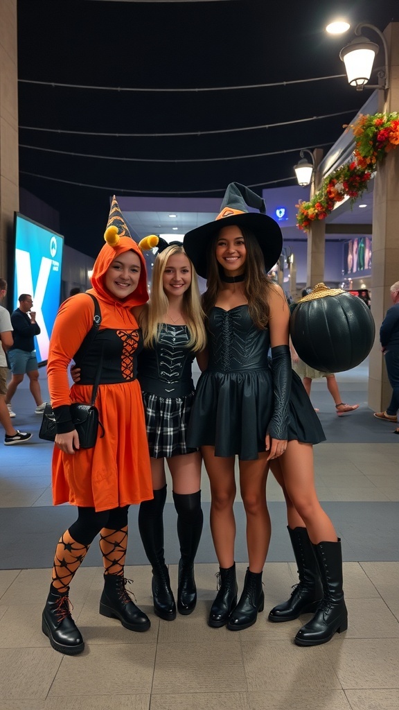 Four friends in Halloween costumes: one in a pumpkin outfit, one in a witch costume, one in a plaid skirt, and one with a pumpkin bag.
