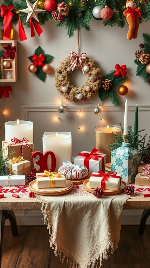 A beautifully decorated table for a Christmas 30th birthday party, featuring gifts, candles, and festive decorations.