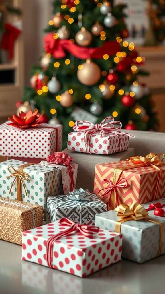 A collection of beautifully wrapped Christmas gifts in front of a decorated tree.