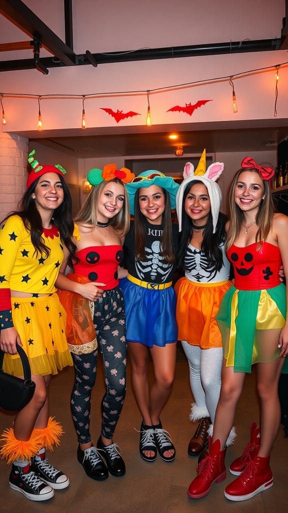 A group of friends in colorful Halloween costumes, showcasing a mix of playful and spooky themes.