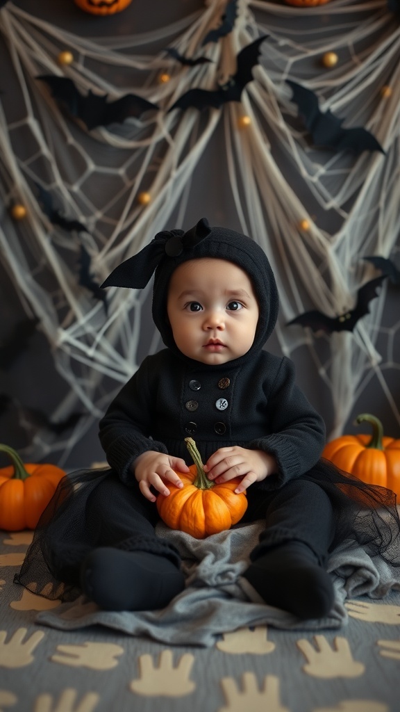 A baby dressed in a black outfit with pumpkins and Halloween decorations in the background.