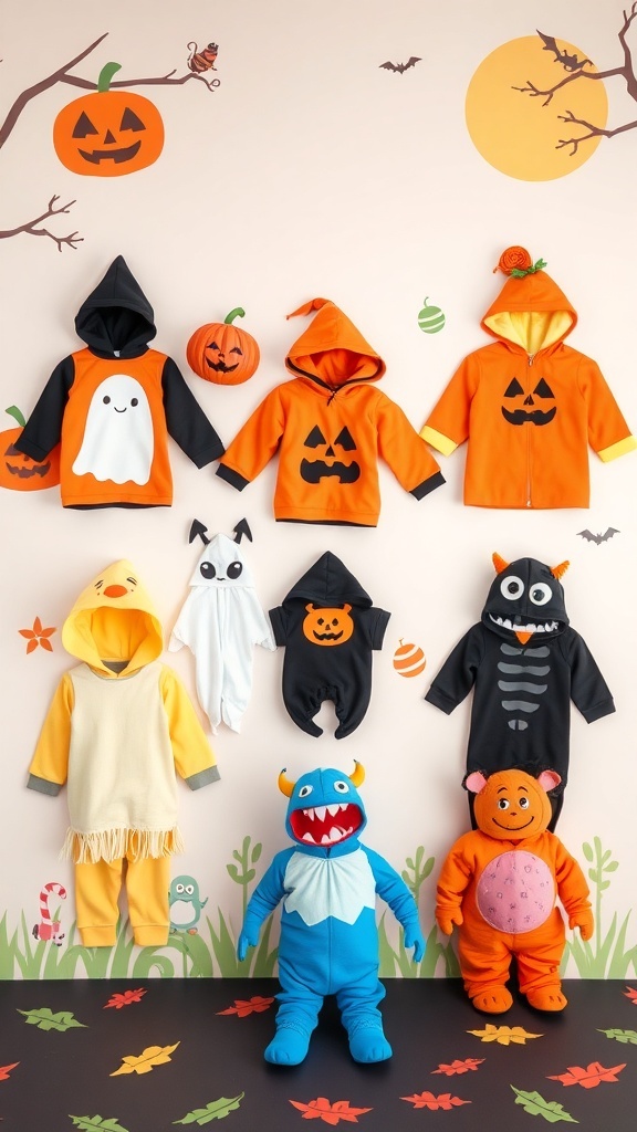A variety of colorful Halloween costumes for children, including a ghost, pumpkin, and monster designs.