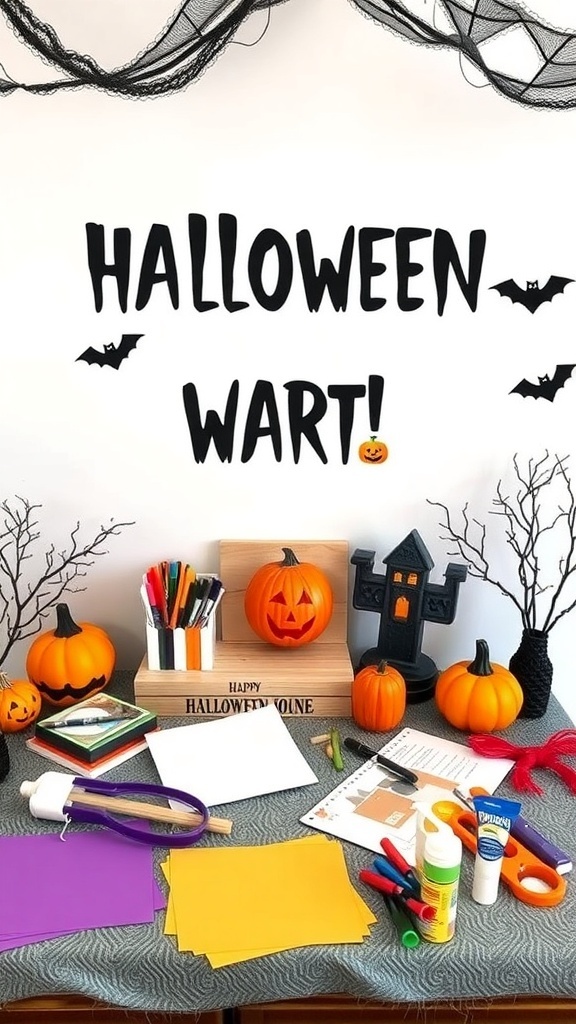 A Halloween crafts station with colorful supplies, pumpkins, and decorations.