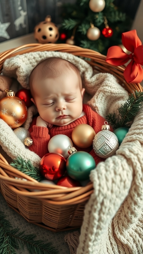 A sleeping baby in a basket surrounded by colorful Christmas ornaments and a festive background.