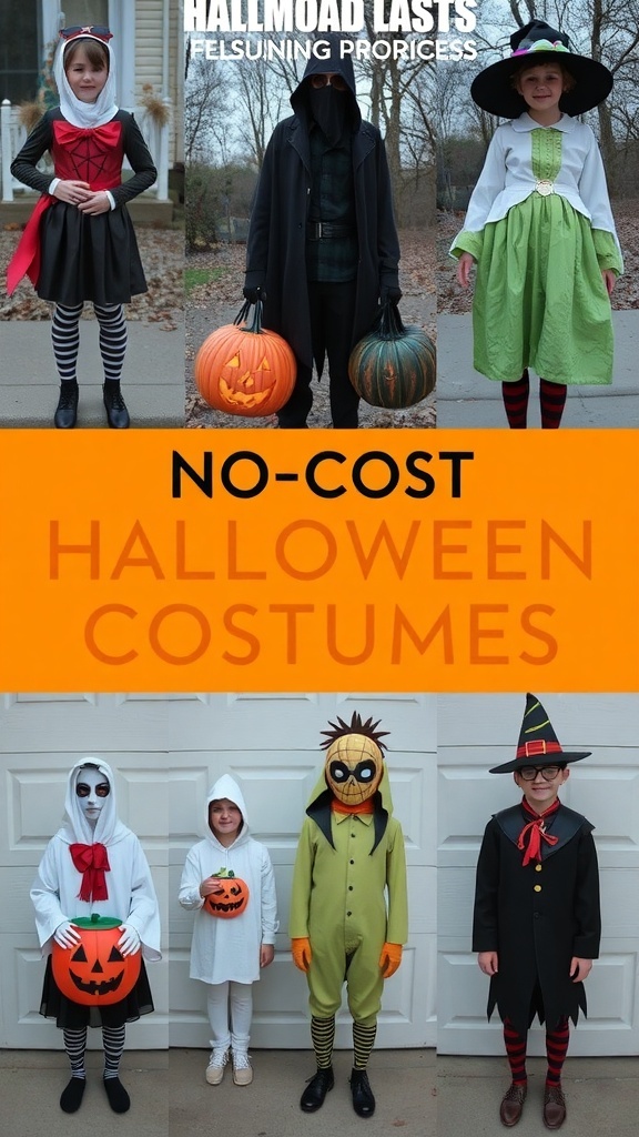 A collage of no-cost Halloween costumes featuring children in various creative outfits.