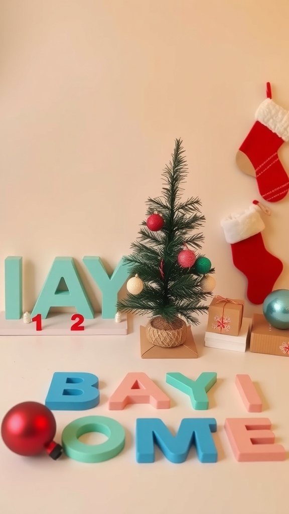 A festive Christmas setup with a small tree, colorful letters, and ornaments for a baby photoshoot.