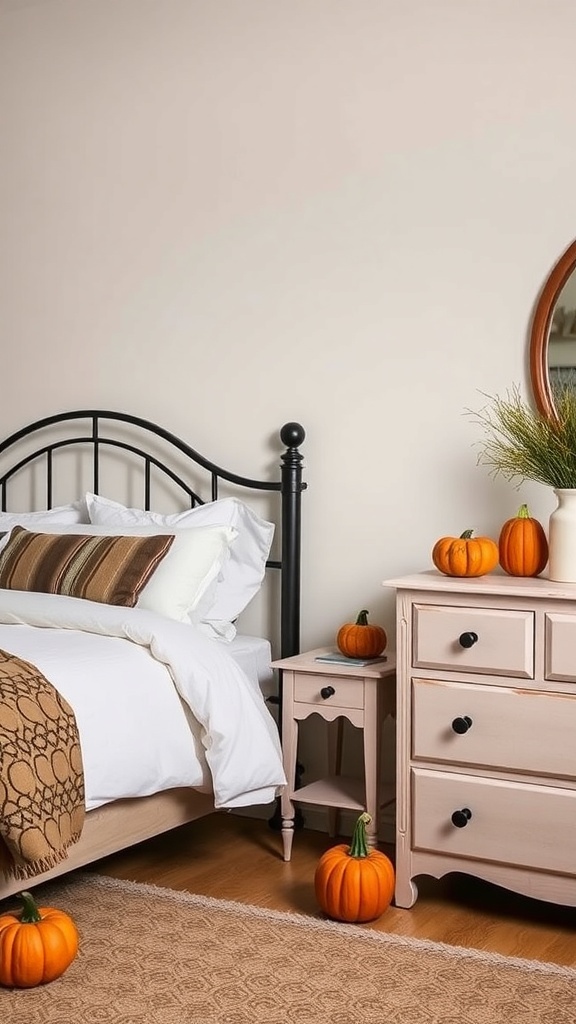 A cozy bedroom with pumpkins placed on the nightstand and dresser, featuring a neatly made bed and warm decor.