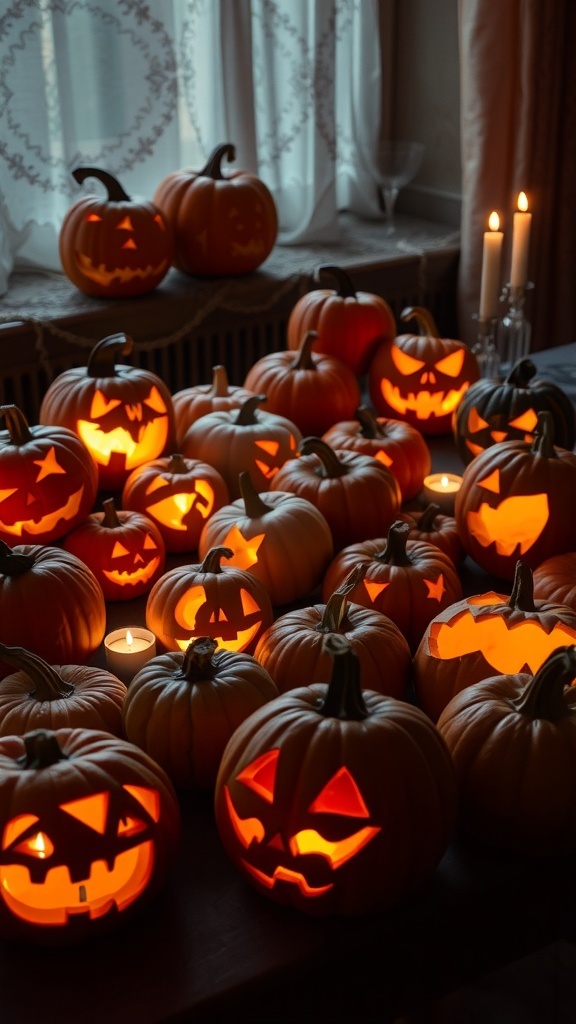 A collection of creatively carved pumpkins with glowing faces, arranged on a table with candles.