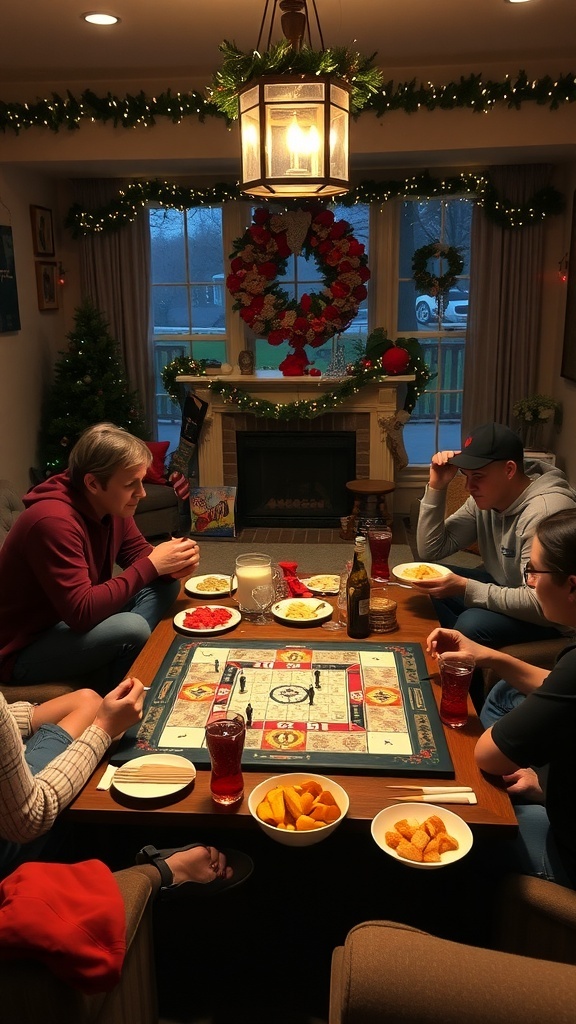 A cozy living room decorated for Christmas with a group of people playing a board game and enjoying snacks.