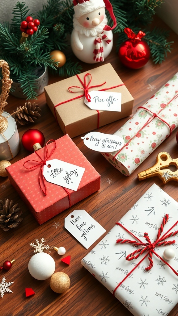 A collection of beautifully wrapped Christmas gifts with decorative tags and ornaments on a wooden surface.