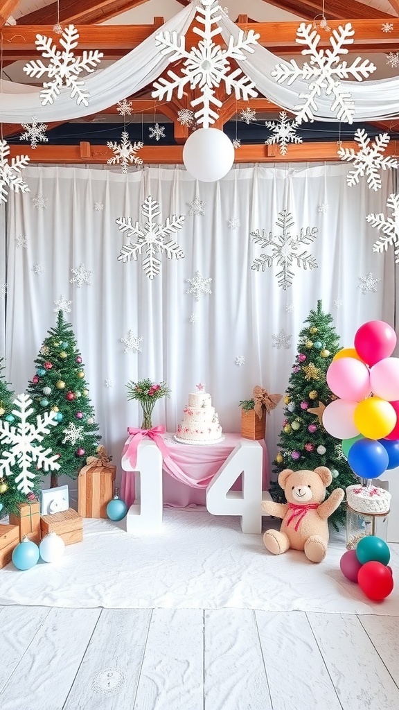 Winter wonderland birthday decor with snowflakes, Christmas trees, a cake, and colorful balloons.