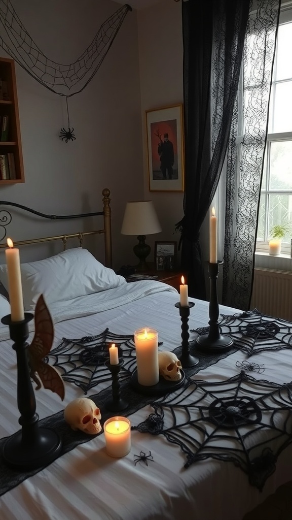 A Halloween-themed bedroom with black lace curtains, spider webs, candles, and skull decorations.
