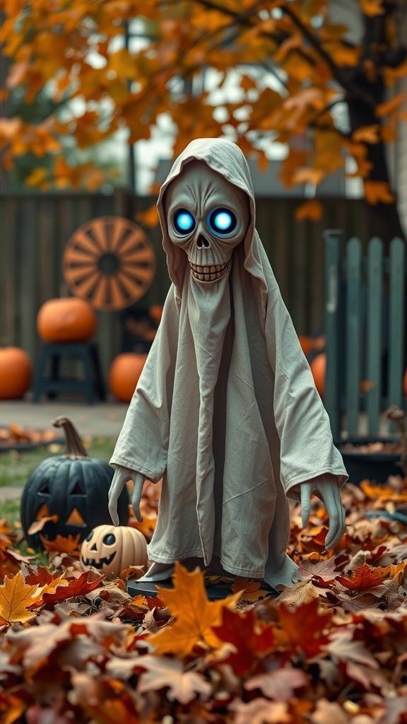 A creepy animated skeleton figure with glowing blue eyes stands among autumn leaves and pumpkins in a Halloween yard.