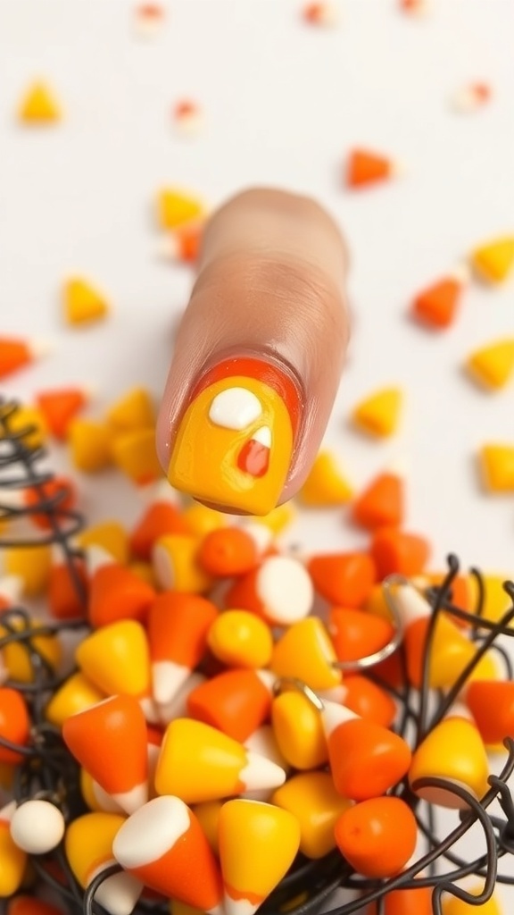 A close-up of a nail painted in candy corn design, surrounded by real candy corn pieces.