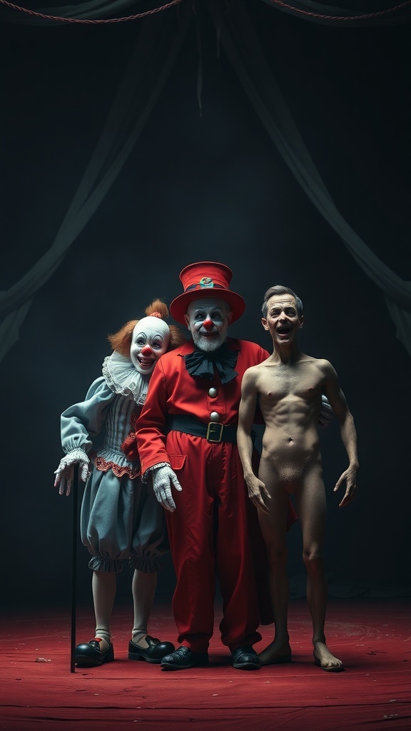 A creepy circus trio costume idea featuring a clown, a ringmaster, and a contortionist.