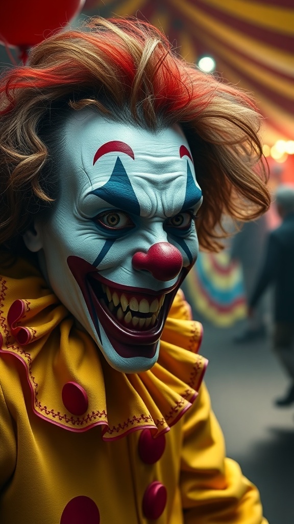 A creepy clown character with bright red hair, sharp teeth, and a yellow costume with red polka dots, set against a carnival background.