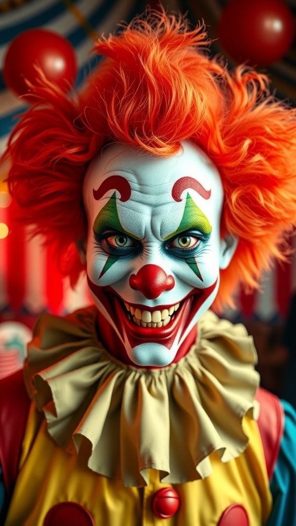 A creepy clown character with bright orange hair, colorful makeup, and a ruffled collar.