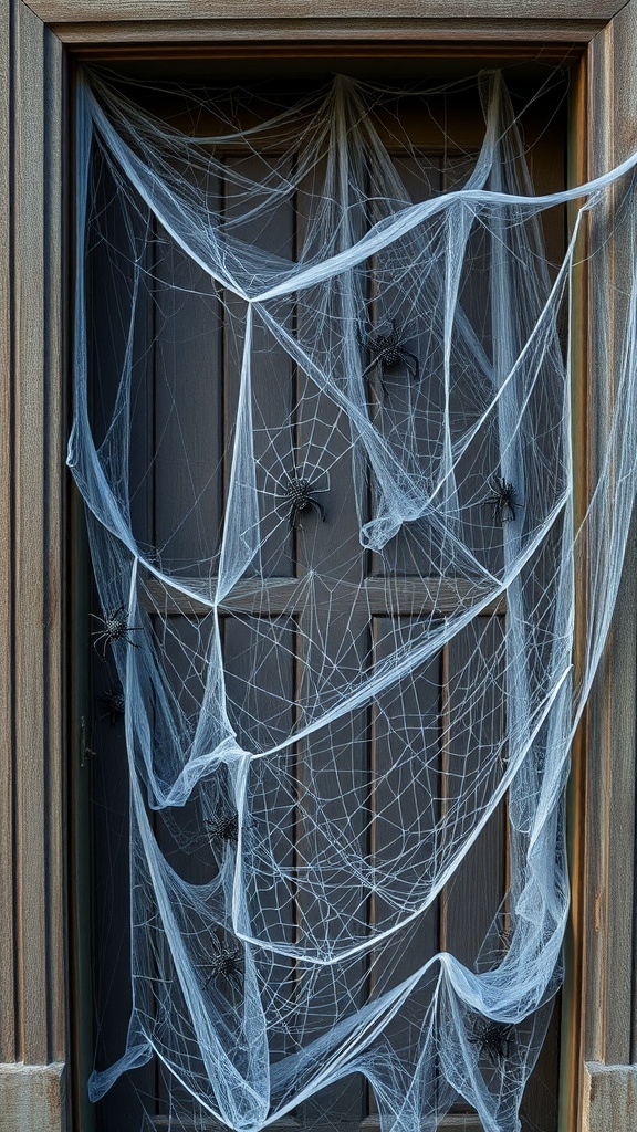 A door covered in fake spider webs with black plastic spiders.