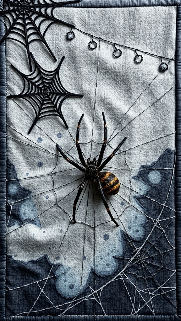 A quilt featuring cobwebs and a spider, showcasing intricate stitching and a dark color palette.