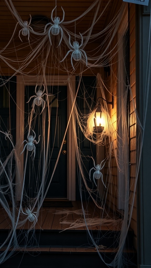 A front porch decorated with creepy cobwebs and plastic spiders, illuminated by a warm porch light.
