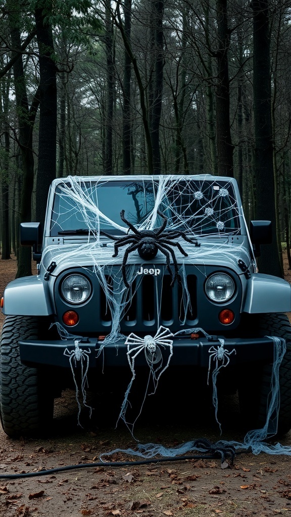 A Jeep Wrangler decorated with cobwebs and spiders for Halloween.
