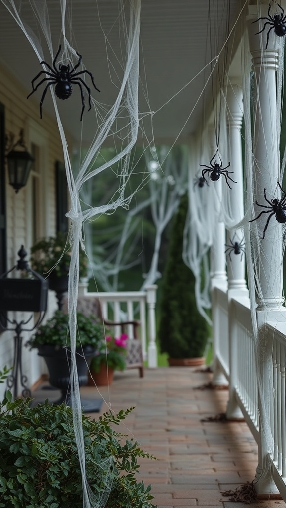 A porch decorated with cobwebs and plastic spiders for Halloween.
