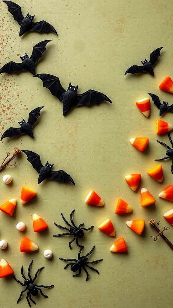 A Halloween collage featuring black bats, candy corn, and plastic spiders on a green background.