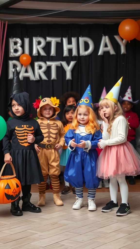 Children in costumes at a Halloween birthday party, ready for a costume contest.