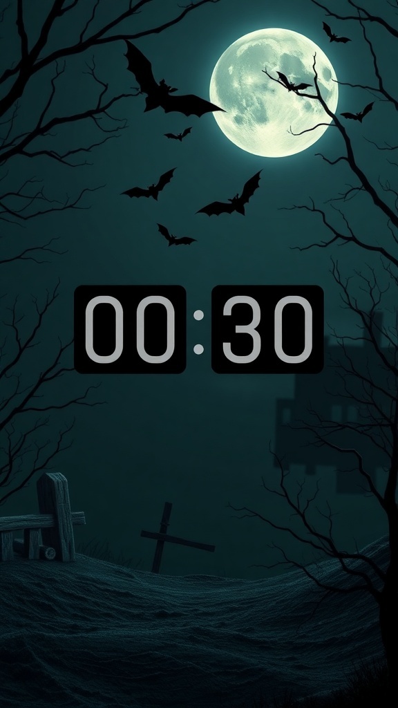 A creepy countdown timer widget showing 00:30 against a dark Halloween-themed background with bats and a full moon.