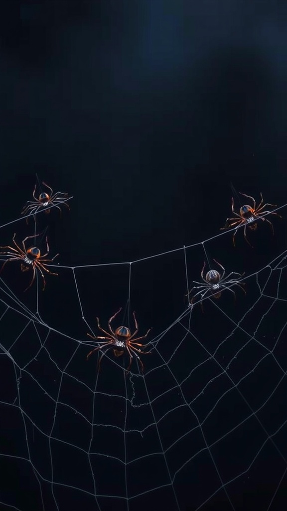 A group of spiders on a web against a dark background