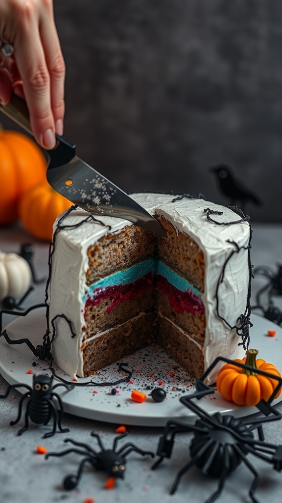 A Halloween-themed gender reveal cake being cut, featuring layers of blue and pink frosting inside, surrounded by plastic spiders and pumpkins.