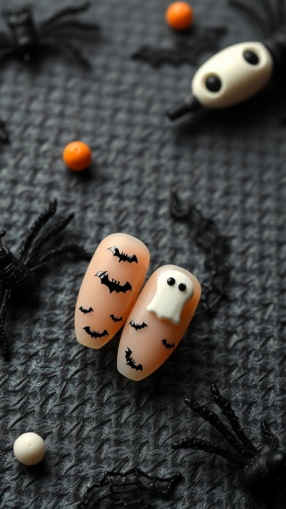 Halloween gel nails with bats and a ghost design