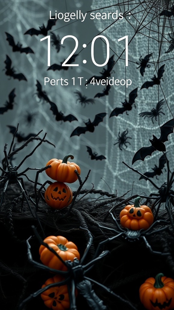 Halloween themed lockscreen with pumpkins, bats, and spiders