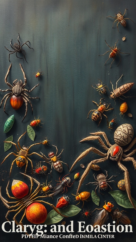 A Halloween-themed painting featuring various creepy crawly creatures like spiders and beetles.