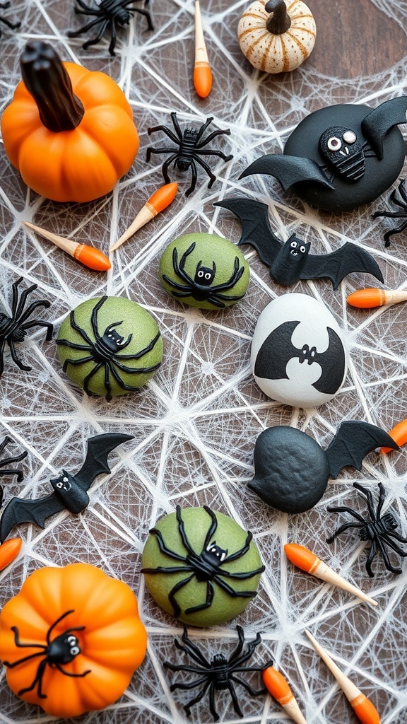Painted rocks featuring spiders, bats, and pumpkins for Halloween decoration.