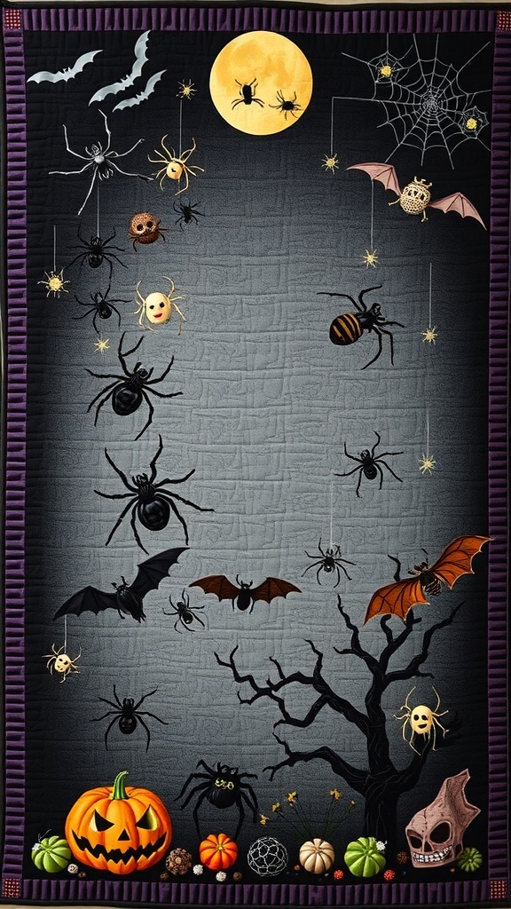 Halloween quilt panel featuring bats, spiders, pumpkins, and a spooky tree.