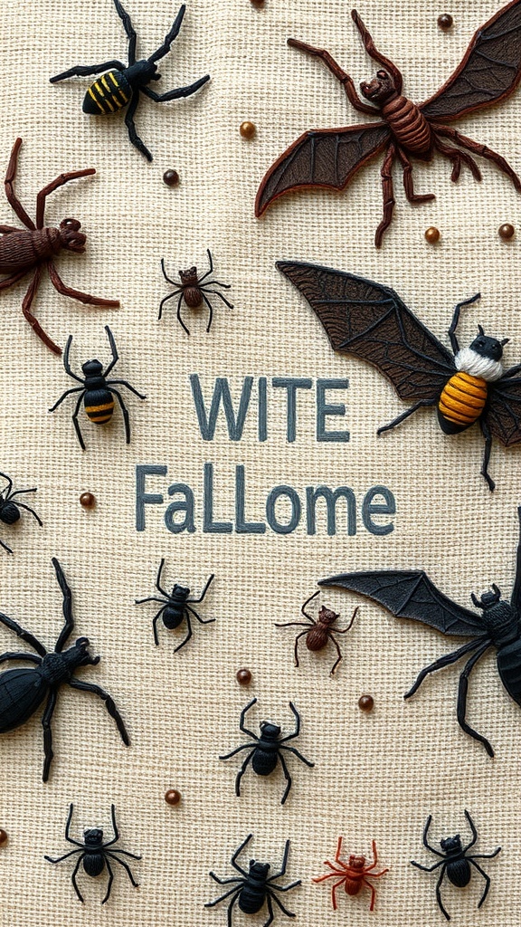 An assortment of creepy crawly insects including spiders and bats on a textured fabric background, with the text 'WITE FaLLome' prominently displayed.