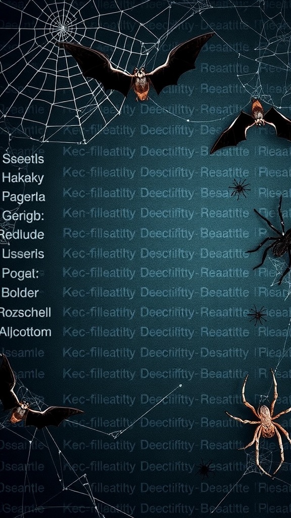 A dark background with bats, spiders, and cobwebs, featuring a list of creepy usernames.
