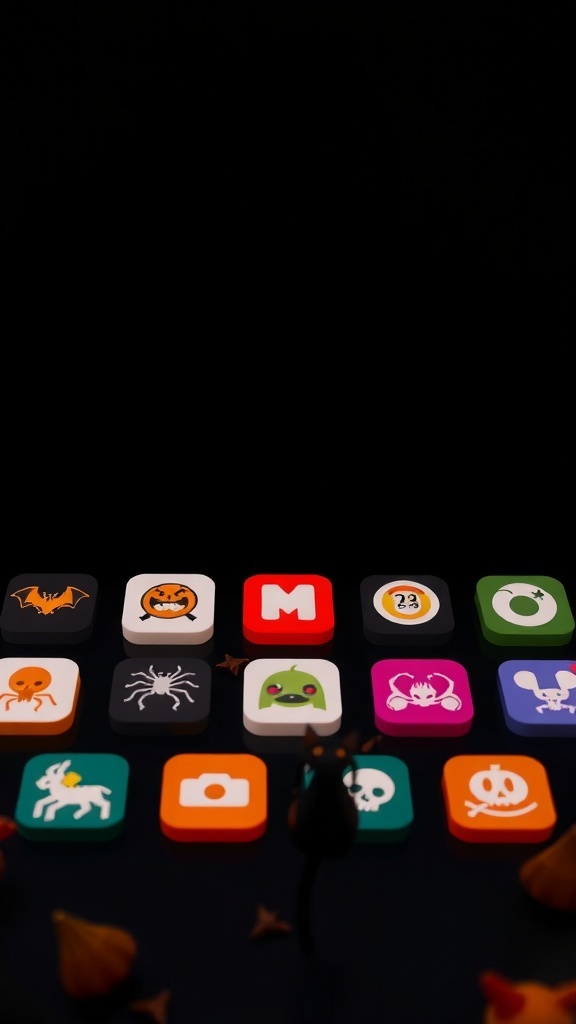 A collection of Halloween-themed app icons featuring a bat, pumpkin, spider, and other spooky creatures.